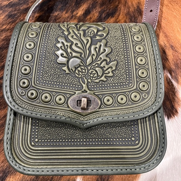 Olive Green Leather Tooled Crossbody Purse - Picture 6 of 6